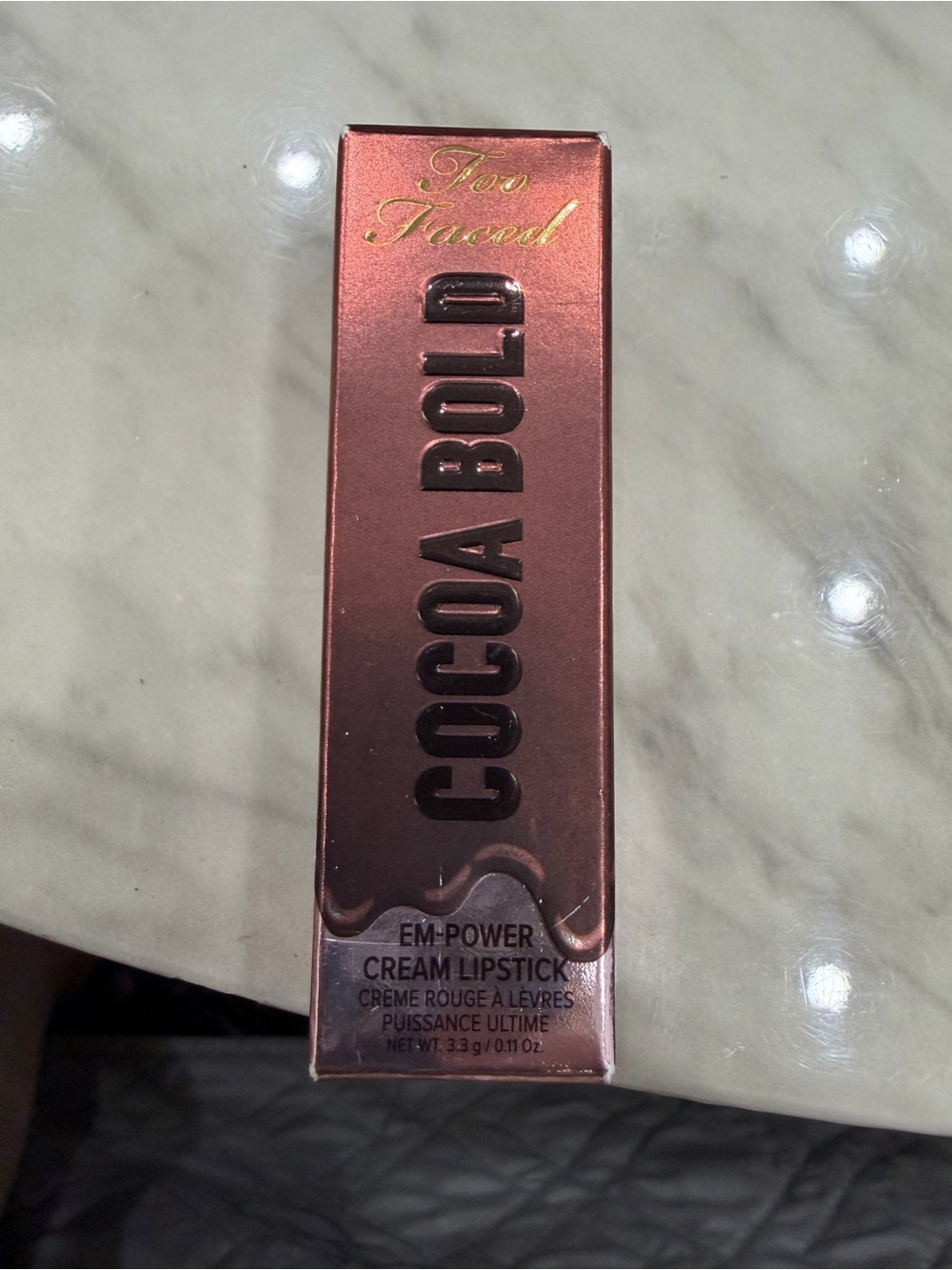 Too Faced Cocoa Bold Em-Power Cream Lipstick — Rose Bronze Packaging